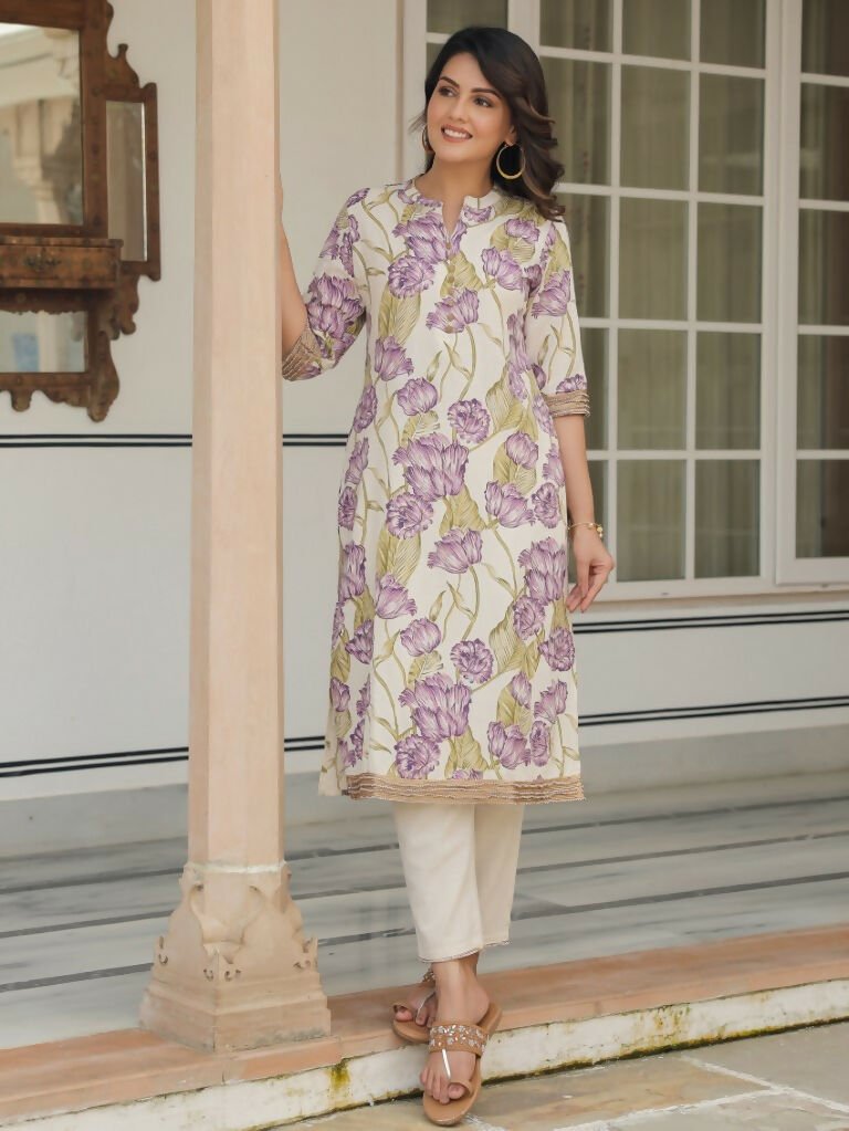 Aramya Straight Linen Cotton Floral Print Women's Kurta - Off White | Grocsy