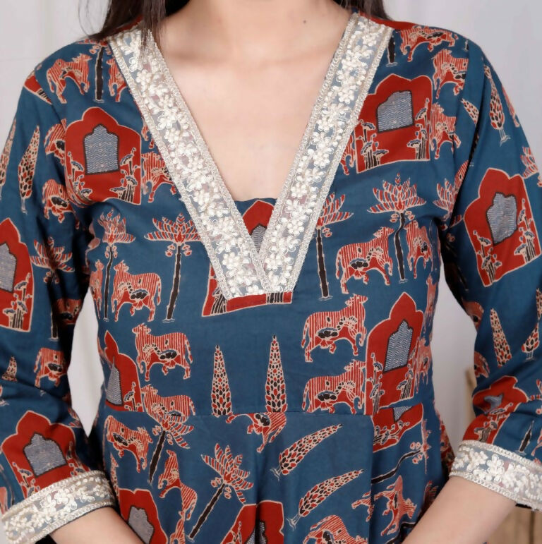 Miravan Women's Pure Cotton Blue Animal Printed Zari Lace Work Yoke Anarkali Kurta | Grocsy