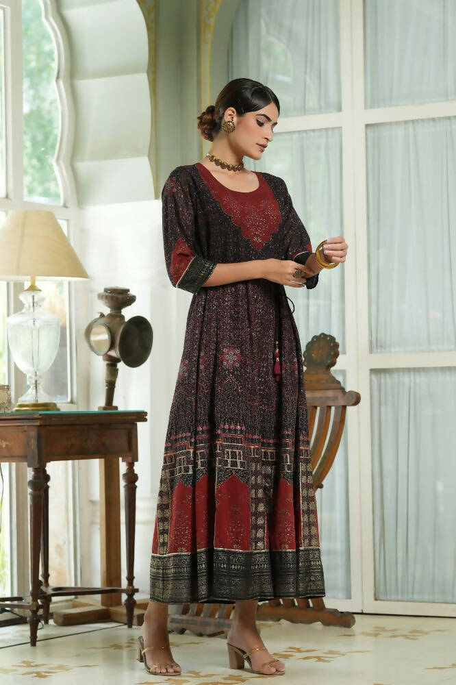 Juniper Black Georgette Festive Printed Anarkali Flared Anarkali Kurta For Women | Grocsy