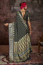 Joban Fashion Black Art Silk With Fine Viscose Border Ajrak Full Body Print With Soft Finish Saree | Grocsy
