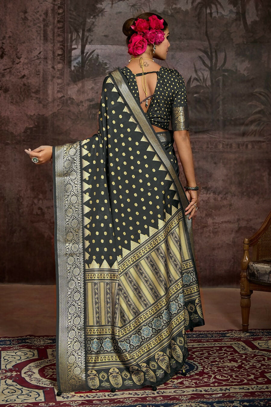 Joban Fashion Black Art Silk With Fine Viscose Border Ajrak Full Body Print With Soft Finish Saree | Grocsy
