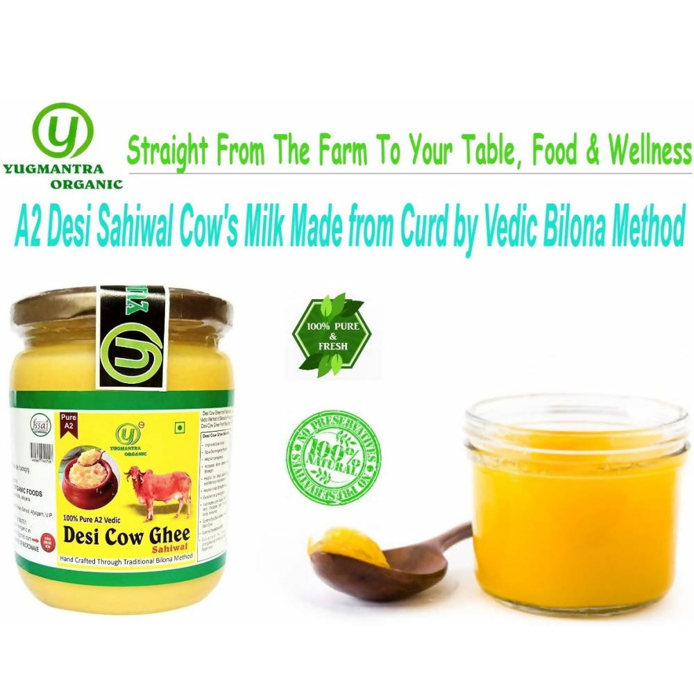 Yugmantra Organic Foods Pure A2 Natural Desi Cow Ghee Sahiwal | Handmade Desi Ghee | Grassfed, Golden, Grainy, Natural Fresh | Grocsy