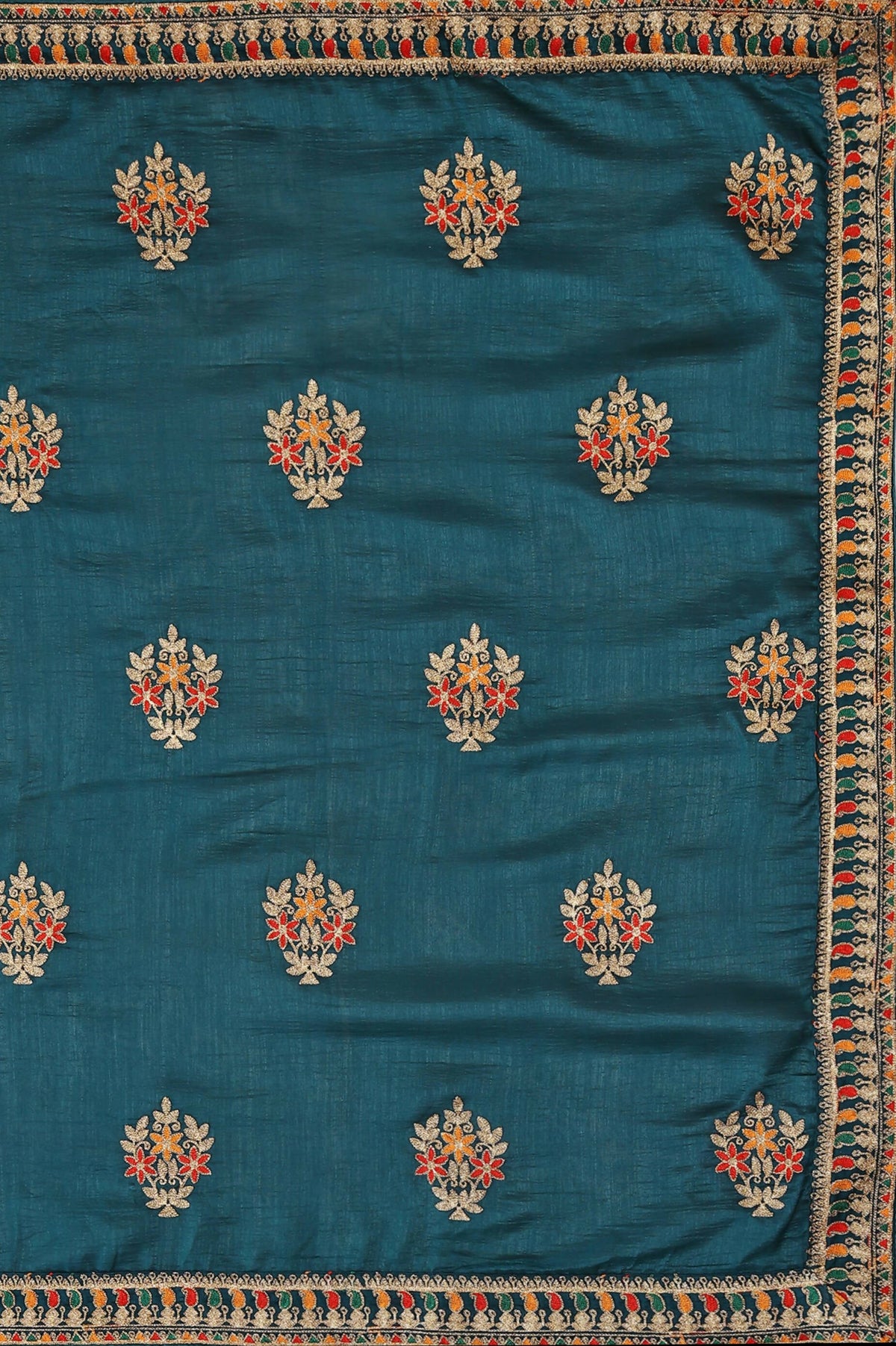 Teal Chinon Embroidered Saree with Unstitched Blouse Piece - Roozal | Grocsy