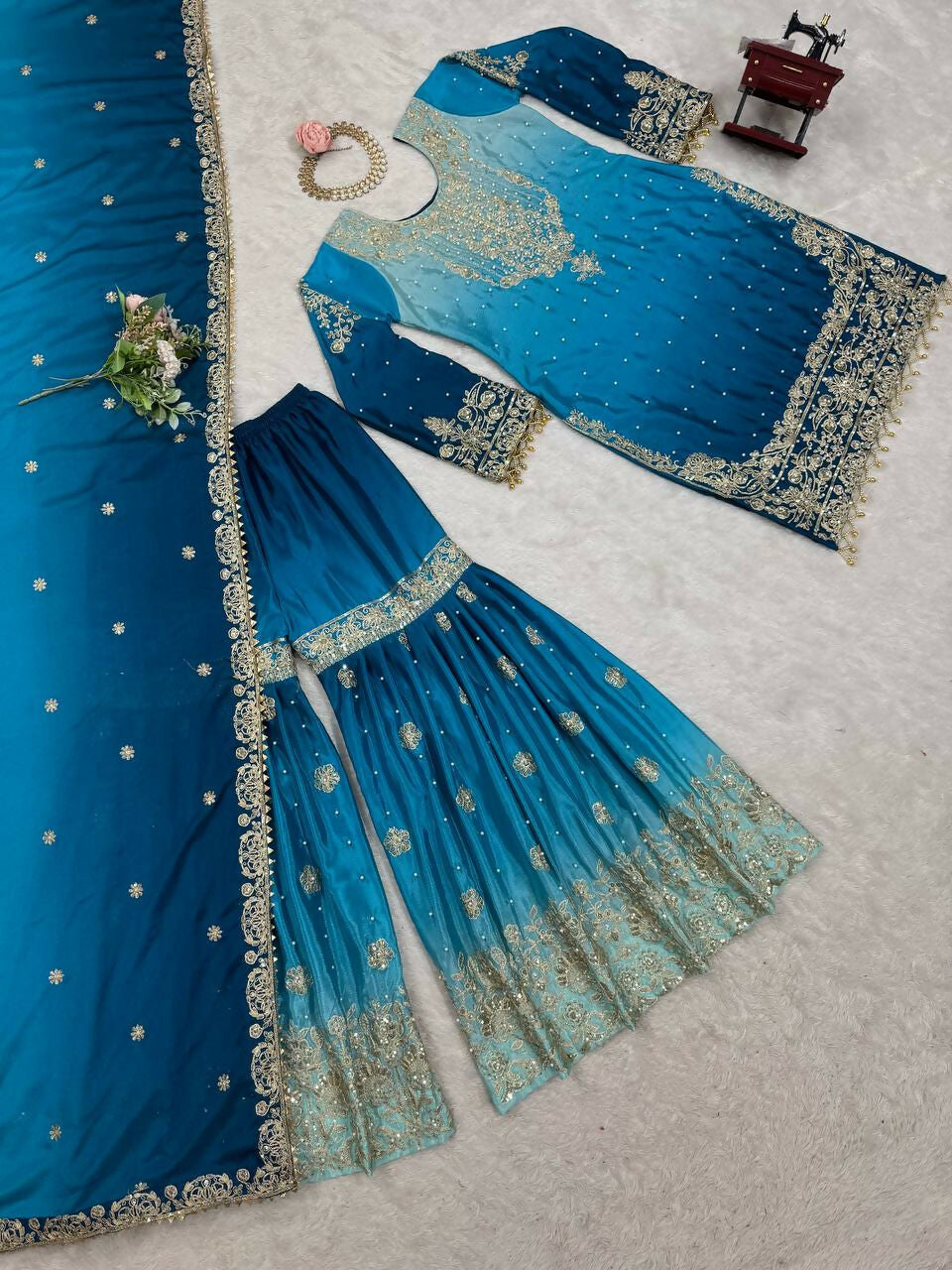 The52 Women's Beautiful Chinon silk Fabric Embroidery Work Straight Kurta Palazzo and Dupatta Set | Grocsy