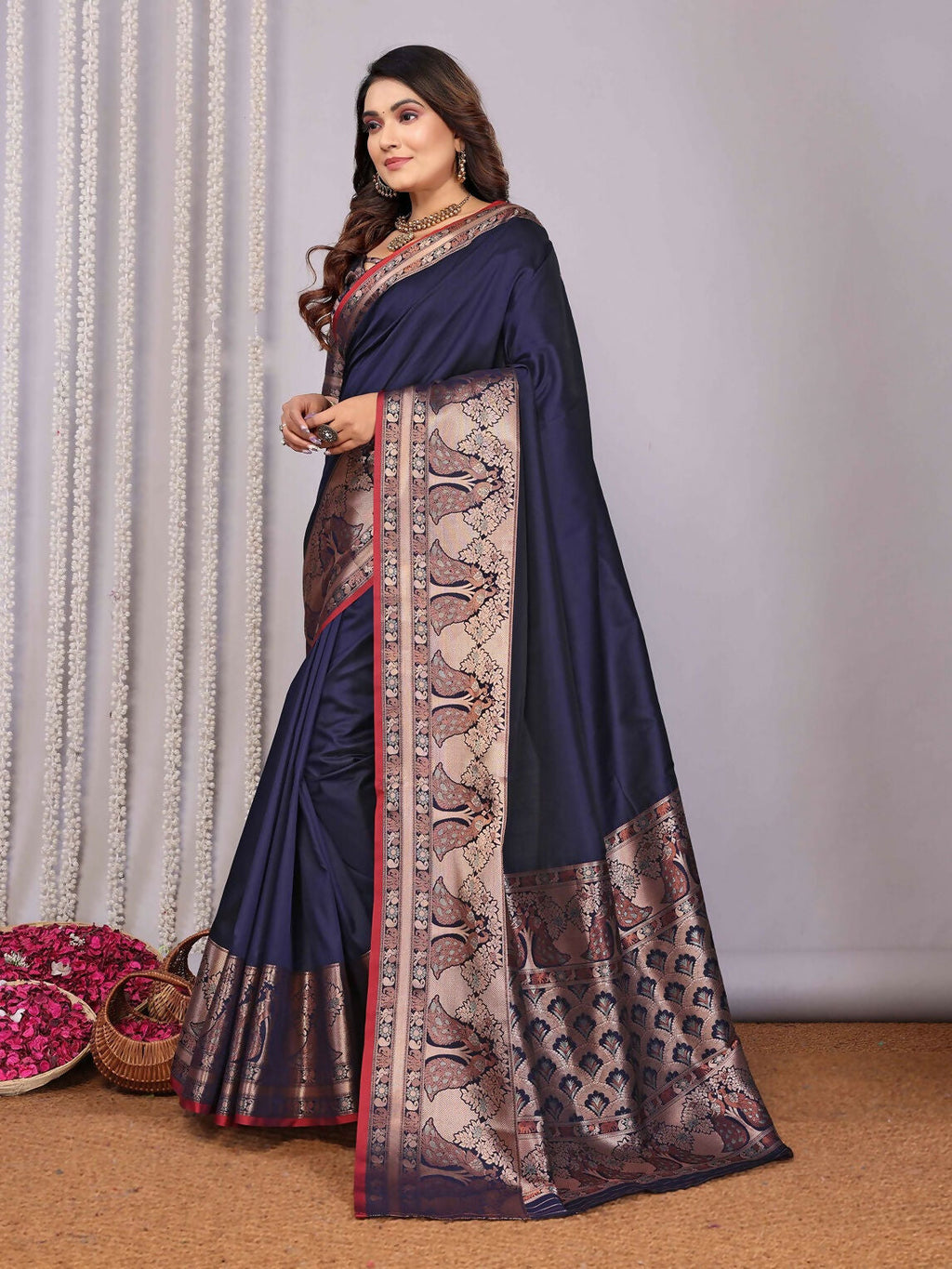 Joban Fashion Navy Blue Woven Banarasi Silk Sarees | Grocsy