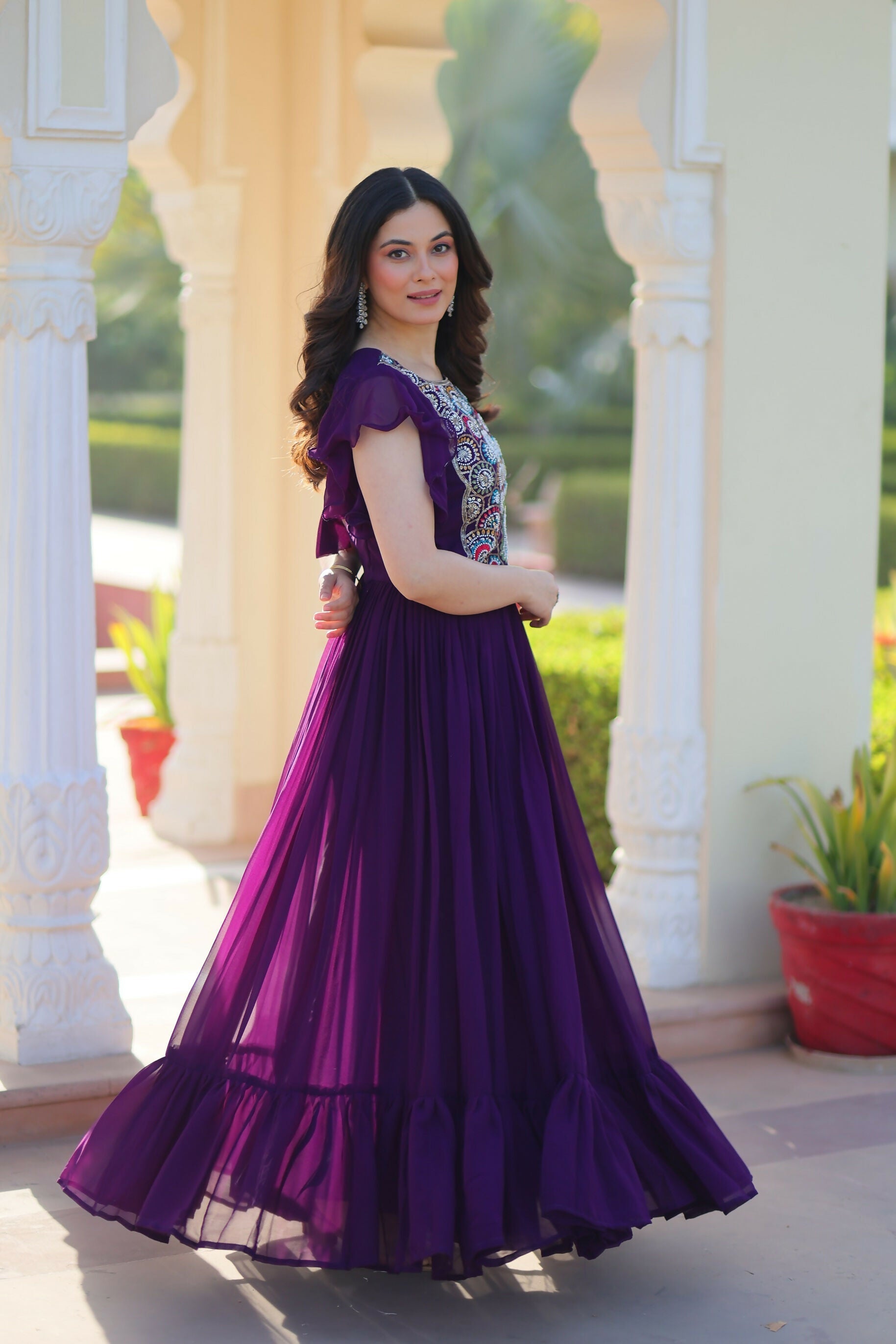 Joban Fashion Purple Georgette Sequence Embroidery Work Gown | Grocsy