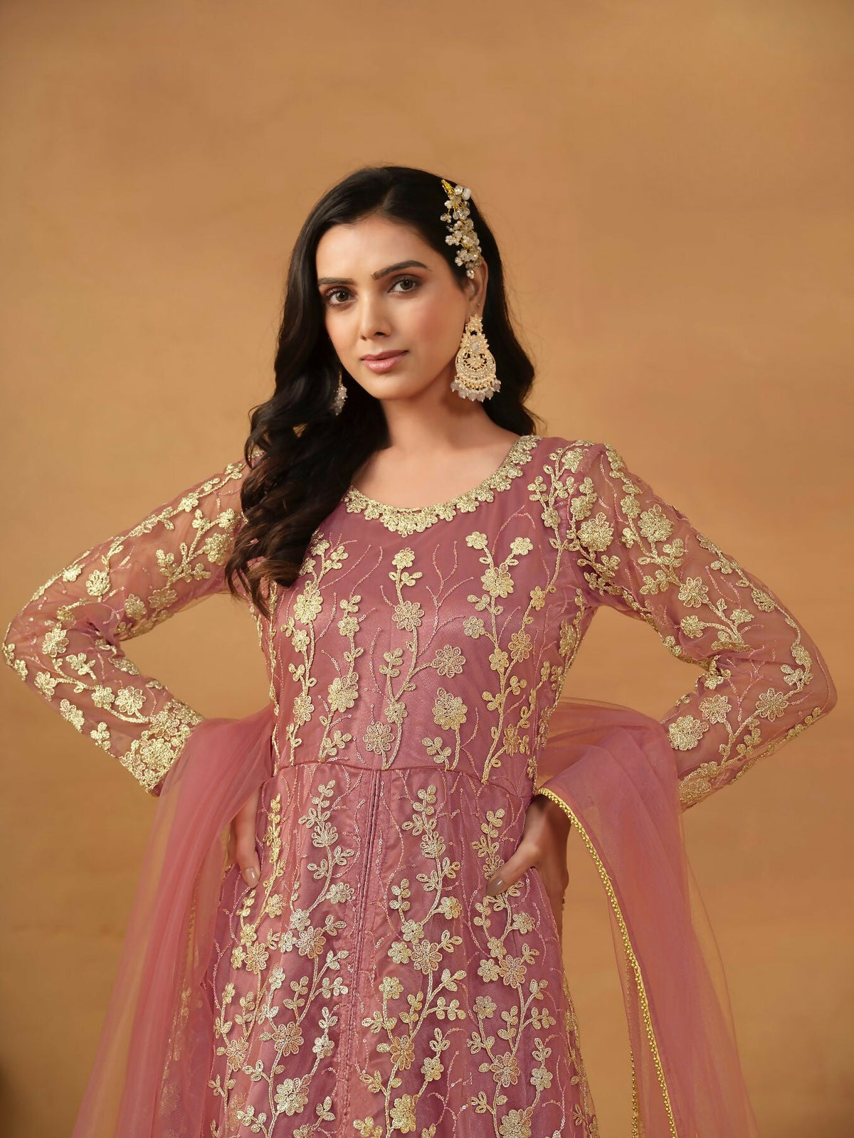 Anaita Pink Embroidered Net Anarkali Suit | Grocsy