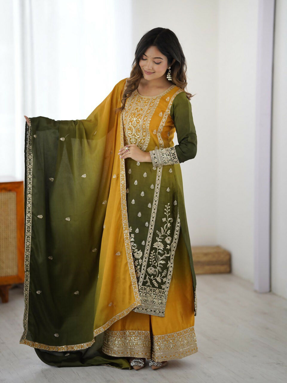 The52 Women's Gorgeous Chinon silk Fabric Embroidery Work Straight Kurta Palazzo and Dupatta Set | Grocsy