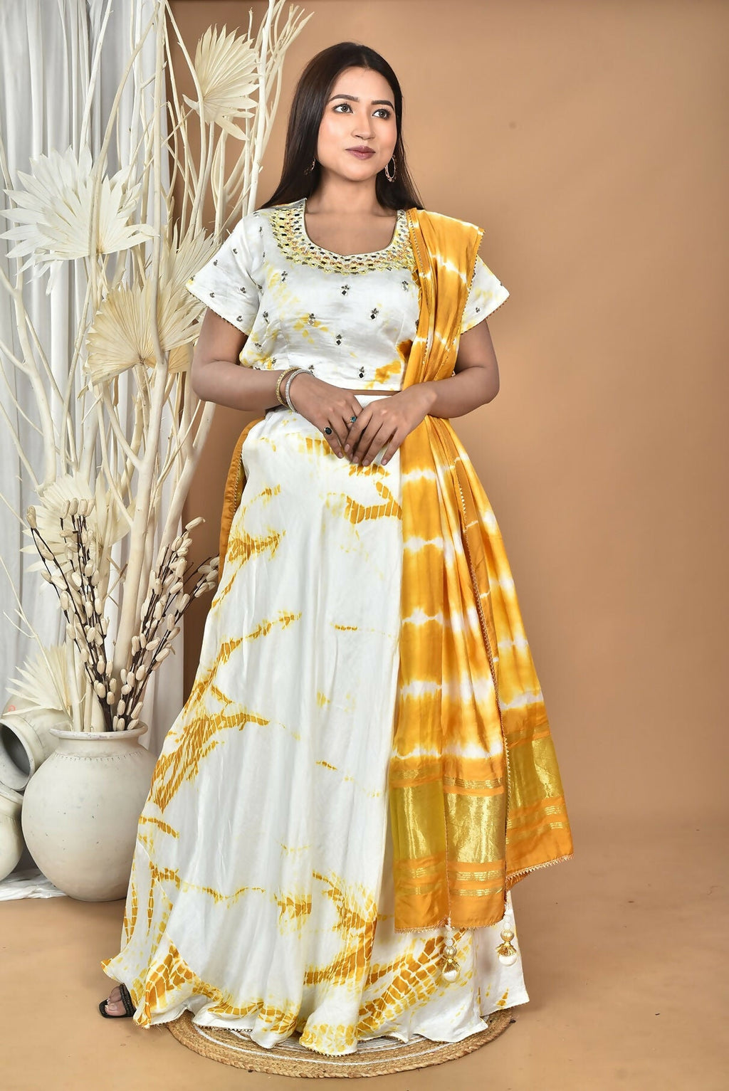 Morchari Women Tai Dai And Hand Embroidery Lehenga-Yellow | Grocsy