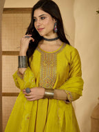 The52 Women's Beautiful Embroidery Work Vichitra Fabric A-line Kurta Pant and Dupatta Set-Yellow | Grocsy