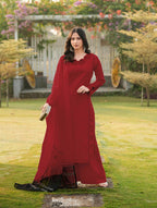 Nikhaar Maroon Embroidered Art Silk Stitched Straight Cut Kurta Palazzo Dupatta Readymade Suit | Grocsy