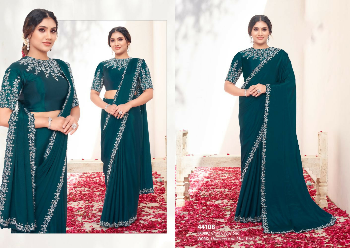 Teal Blue Pure Crepe Silk Moti work Saree with Unstitched Blouse - Norita Varya | Grocsy