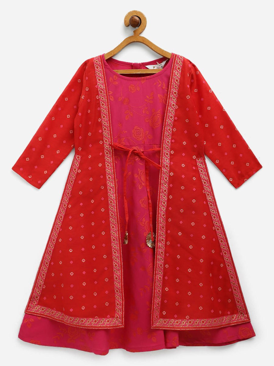 Ahalyaa Dark Pink Crepe Khari Print kids Dress Attached Jacket For Girls | Grocsy