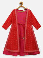 Ahalyaa Dark Pink Crepe Khari Print kids Dress Attached Jacket For Girls | Grocsy