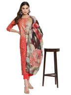 Ahalyaa Red Crepe Bandhani Gold Printed Kurta Pant With Dupatta | Grocsy
