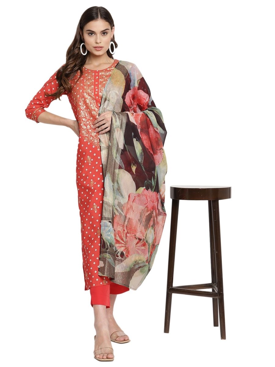 Ahalyaa Red Crepe Bandhani Gold Printed Kurta Pant With Dupatta | Grocsy