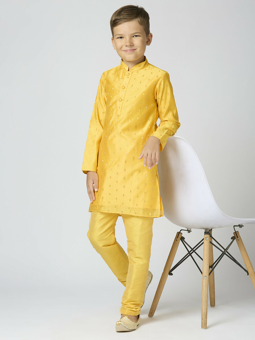 Joban Fashion Kids Island Full Sleeves Chanderi Kurta, Pyjama Set with Traditional Butta Work - Yellow | Grocsy