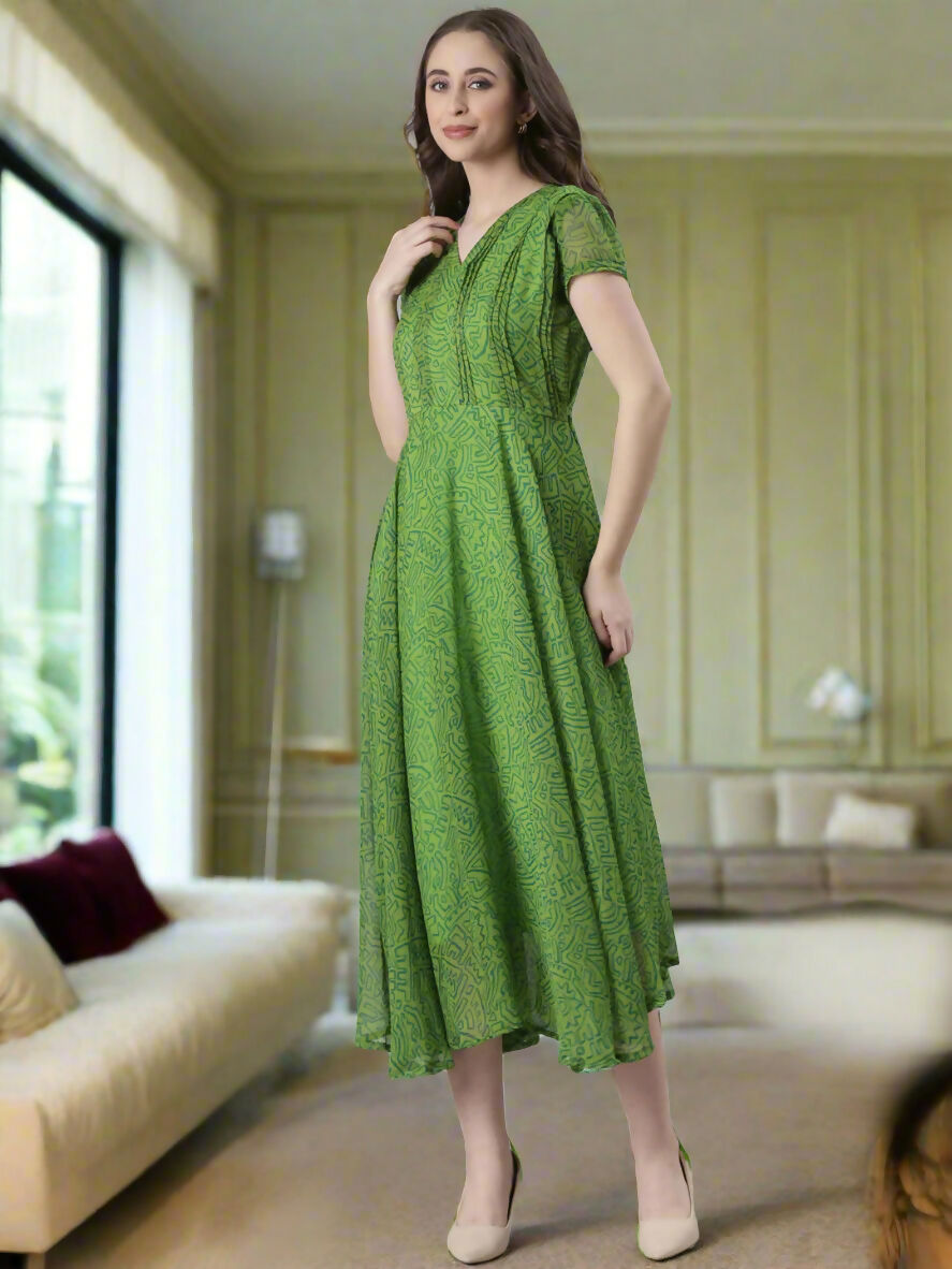 Souchii Green Printed Midi Dress – Flowy Fit & Flare | Grocsy