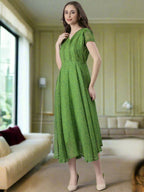 Souchii Green Printed Midi Dress – Flowy Fit & Flare | Grocsy