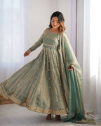 The52 Women's Beautiful Fandy Silk Fabric Embroidery Work Flared Anarkali Pant and Dupatta Set | Grocsy