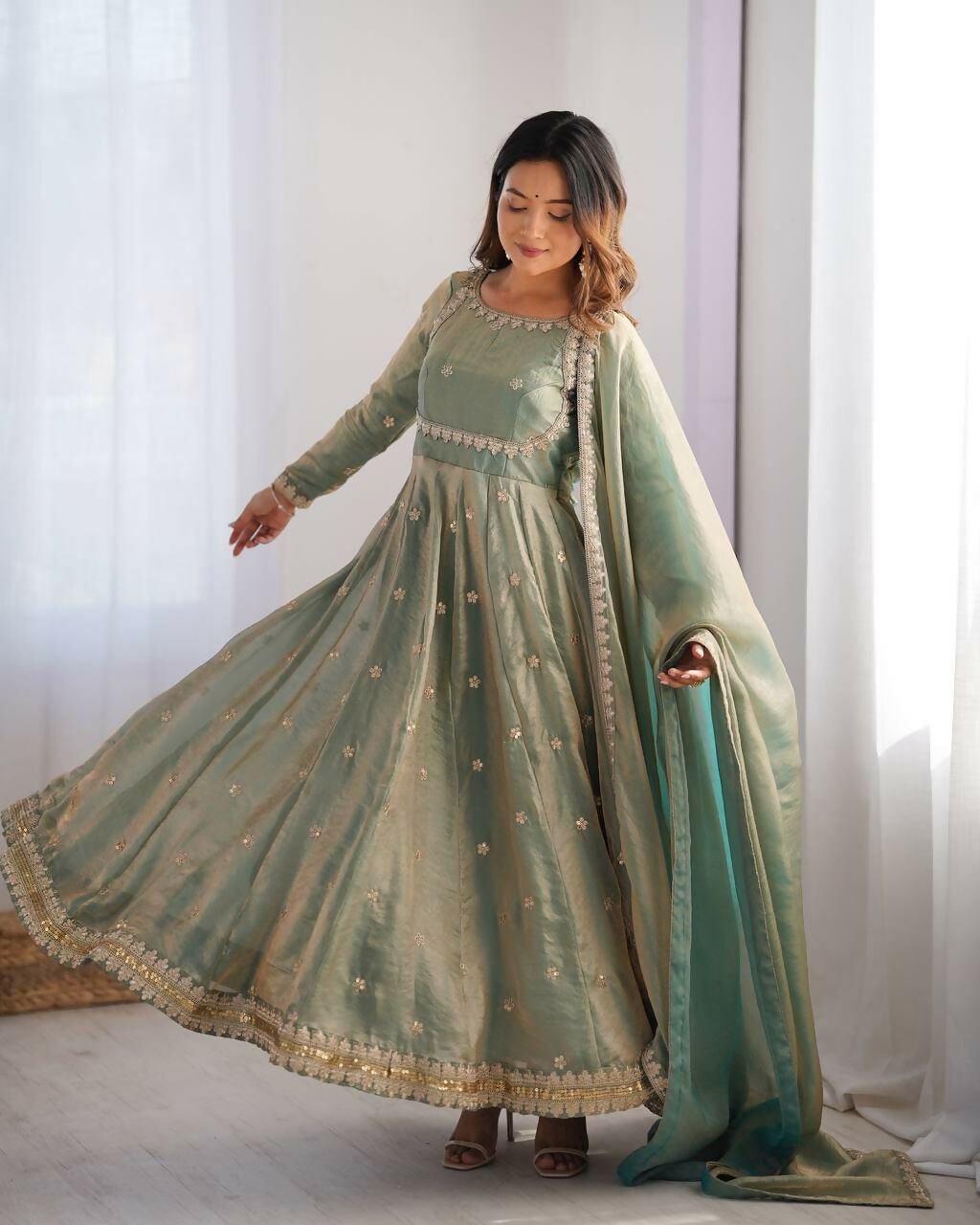 The52 Women's Beautiful Fandy Silk Fabric Embroidery Work Flared Anarkali Pant and Dupatta Set | Grocsy