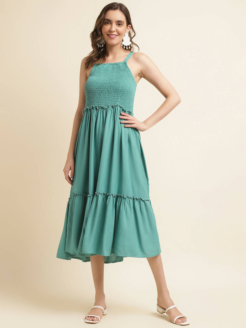 Light Blue Cotton Solid Flared Dress with Printed Shrug - Yukti | Grocsy