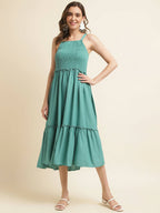 Light Blue Cotton Solid Flared Dress with Printed Shrug - Yukti | Grocsy