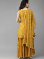 Ahalyaa Mustard Georgette Gold Foil Print Peplum Kurta Sharara Set With Dupatta | Grocsy