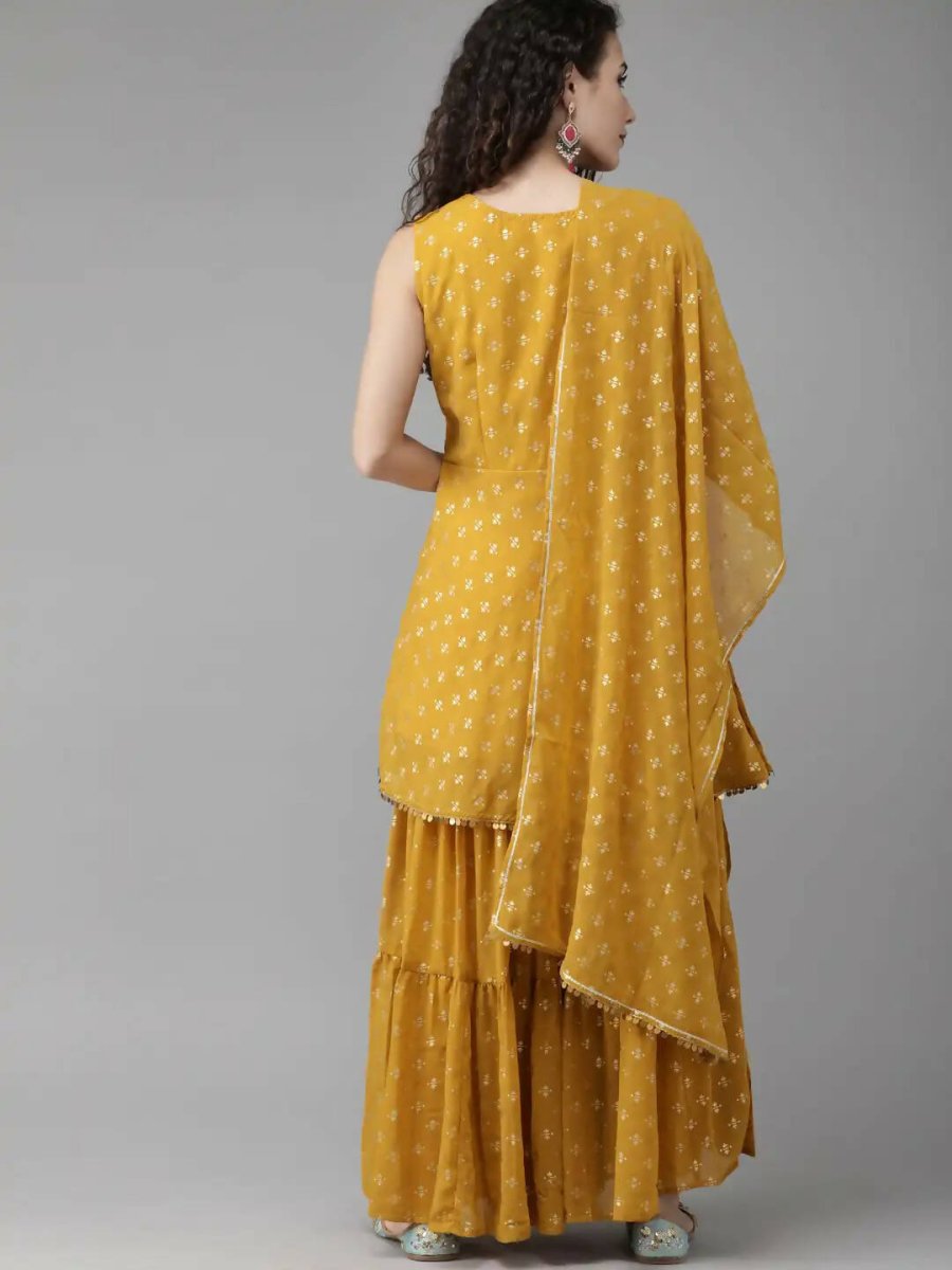 Ahalyaa Mustard Georgette Gold Foil Print Peplum Kurta Sharara Set With Dupatta | Grocsy