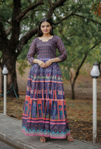 Jyoti Fashion Women's Purple Heavy Digital Printed Pure Chanderi Anarkali Dress | Grocsy