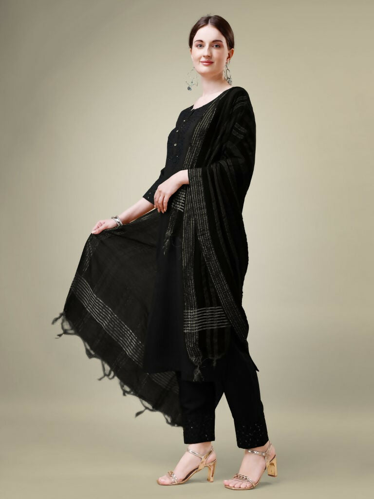 Jyoti Fashion Women's Black Cotton Blend Embroidery & Sequence work Kurta with Trouser & Dupatta | Grocsy