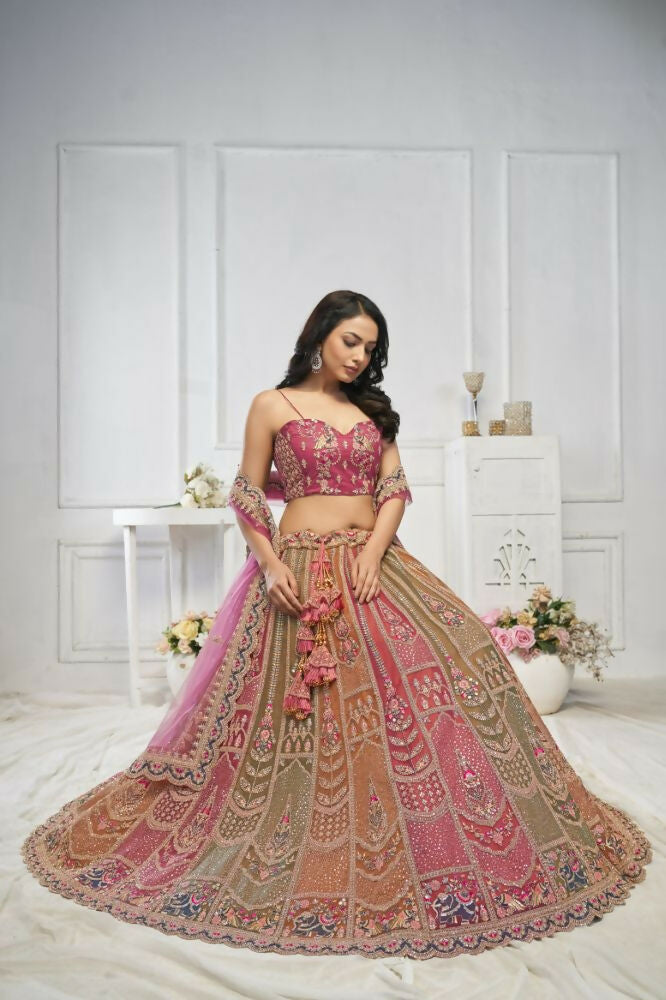 Kesar Fab Multi-Onion Net Embroidered Lehenga | Grocsy