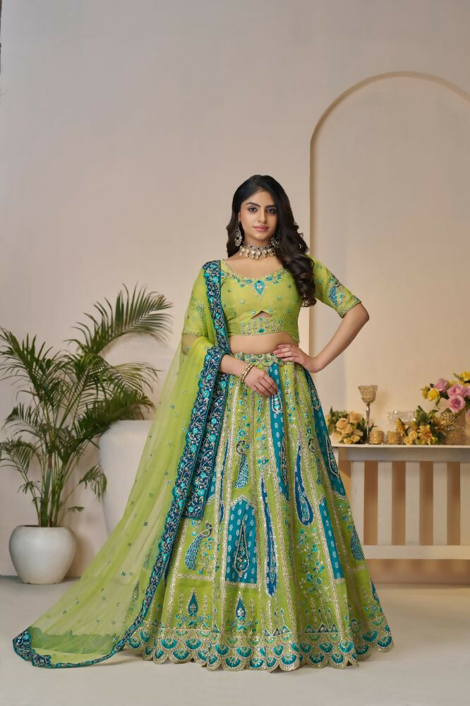 Kesar Fab Green Banarasi Silk Embroidered Lehenga | Grocsy