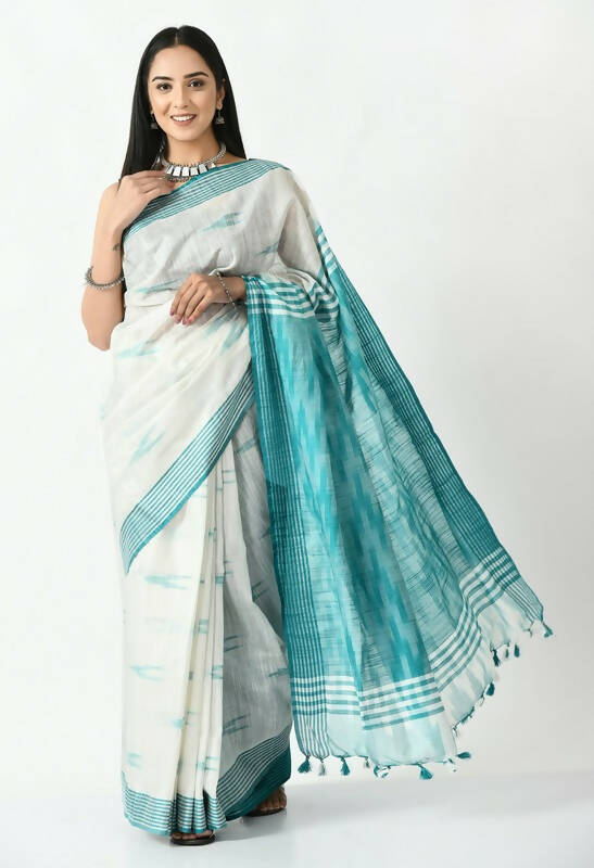 Mominos Fashion Moeza White & Sea Green Bhagalpuri Handloom Ikat Pure Cotton Saree with unstitched Blouse piece | Grocsy