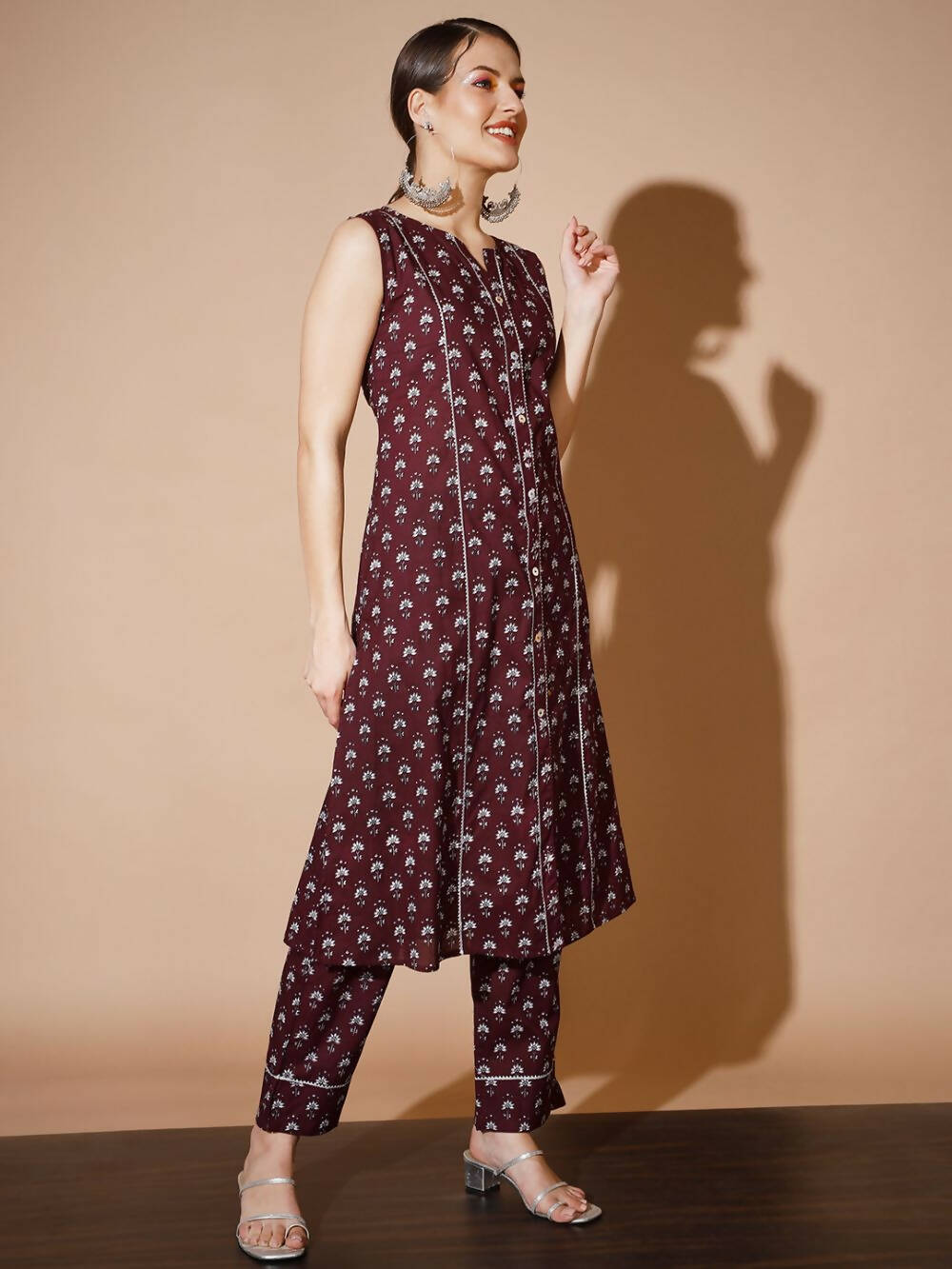 Myshka Women Rust Floral Kurta & Trousers | Grocsy