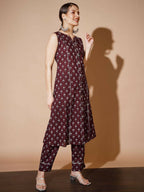 Myshka Women Rust Floral Kurta & Trousers | Grocsy