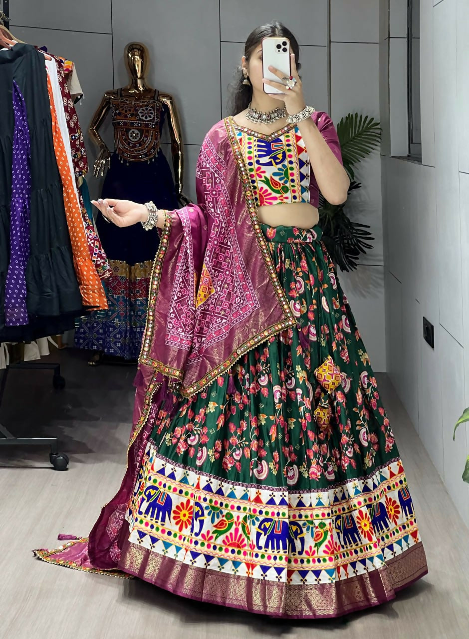Yash Enterprise Green Silk Embroidery Semi Stitched Navratri Chaniya Choli | Grocsy