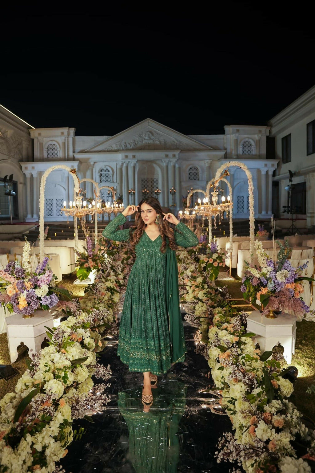 Aayaa Designer Embroidery Zari Sequins Work Faux Blooming Georgette Suit - Green | Grocsy