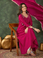 The52 Women's Gorgeous Embroidery Work Vichitra SIlk Fabric Flared Kurta Pant and Dupatta Set | Grocsy