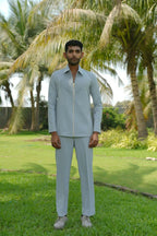 Linear Luxe Light Blue Shacket by Hilo Design | Grocsy