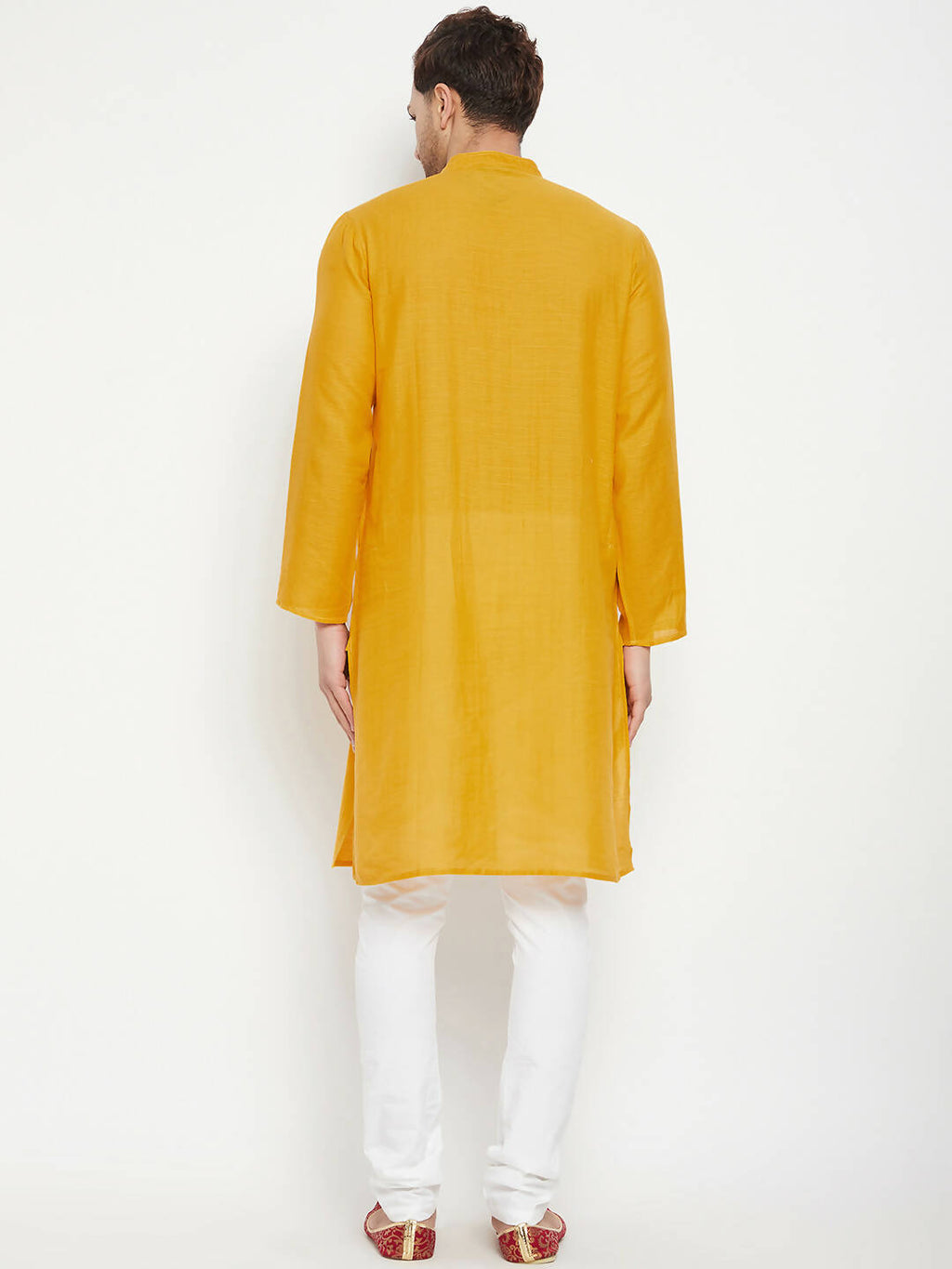 Even Apparels Yellow Pure Cotton Long Men's Kurta With Band Collar | Grocsy