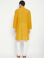Even Apparels Yellow Pure Cotton Long Men's Kurta With Band Collar | Grocsy