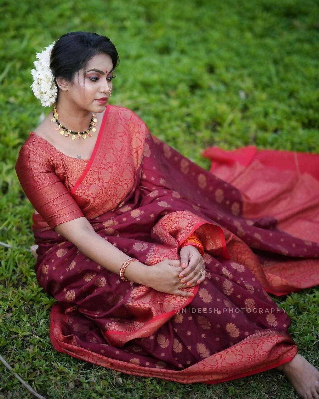 DEIANA'S Beautiful Designer Golden zari Soft Lichi Silk Saree - Maroon | Grocsy