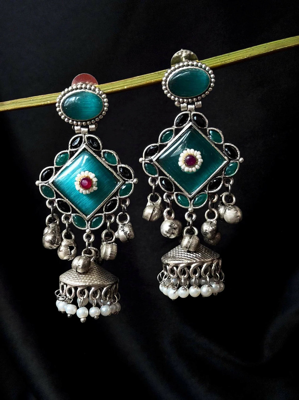 Joban Fashion Women Sky Blue Monalisa Stone Beaded Partywear Silver Replica Earring | Grocsy