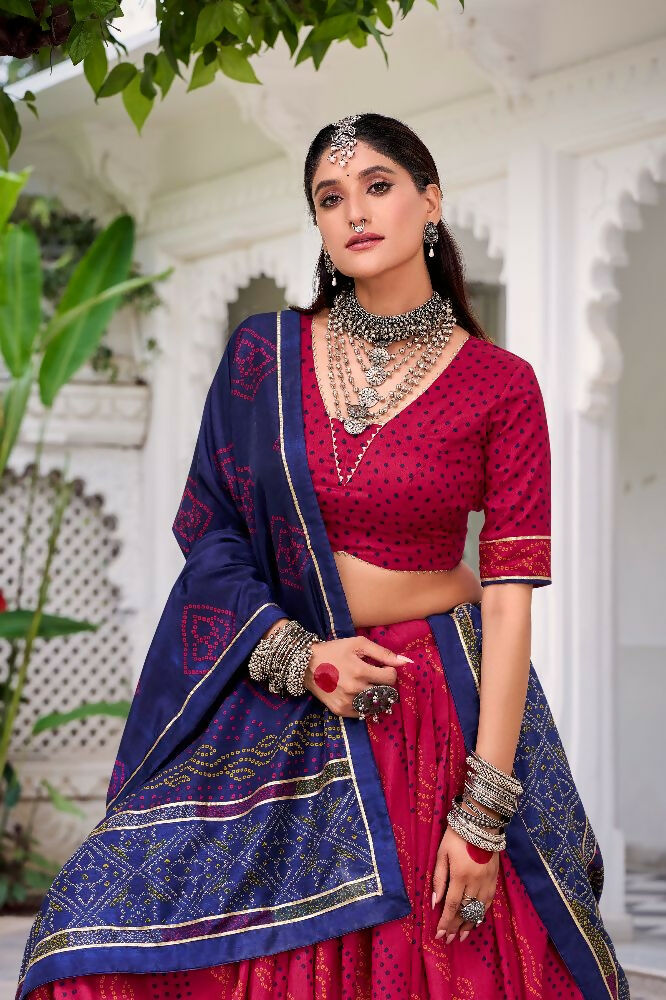 Evanik Pink Tassa Silk With Bandhej Print Lehenga Choli | Grocsy