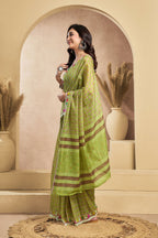 Vastranavya Mehendi Digital Printed Linen Ready To Wear Designer Saree with Unstitched Blouse | Grocsy
