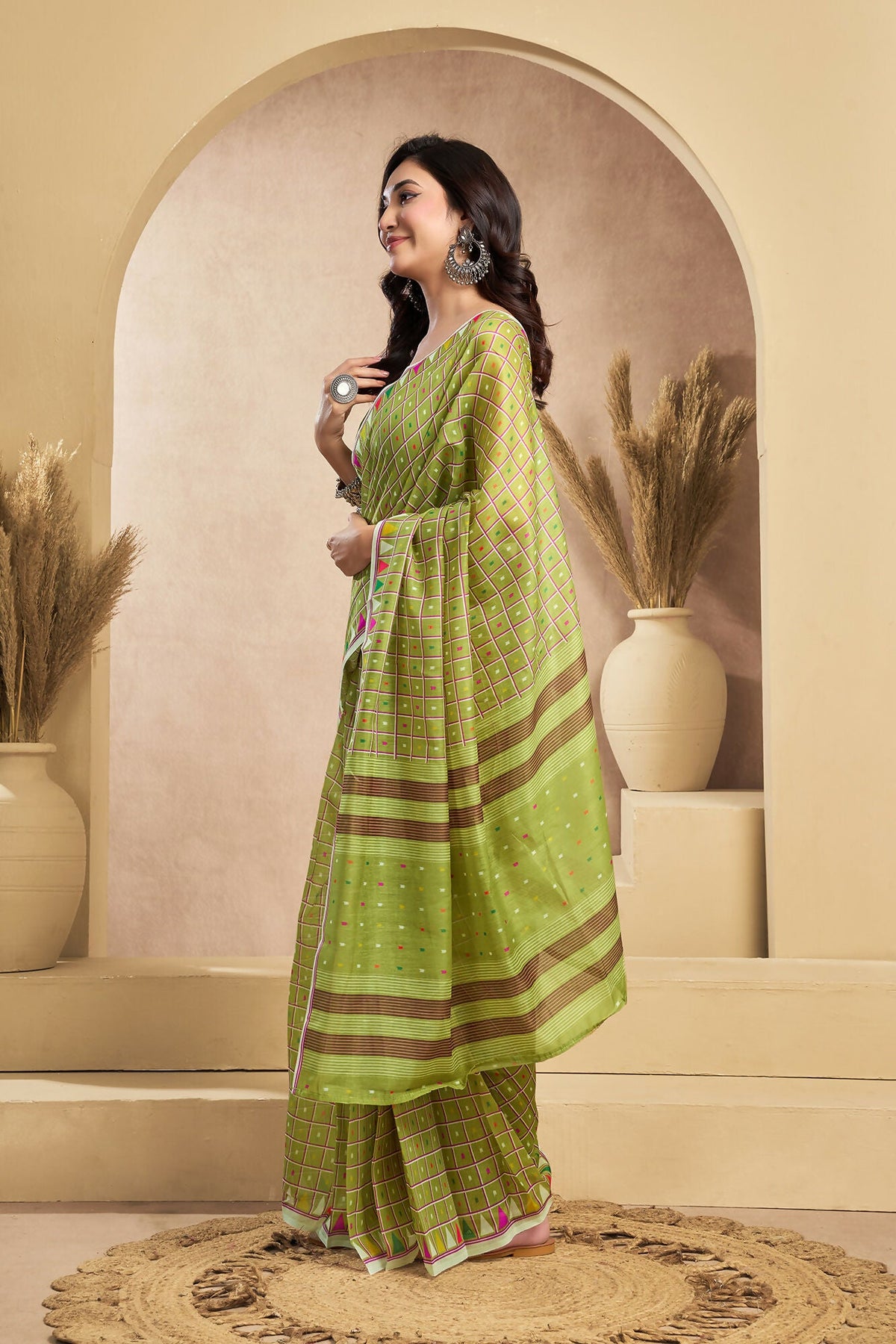 Vastranavya Mehendi Digital Printed Linen Ready To Wear Designer Saree with Unstitched Blouse | Grocsy