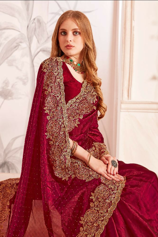 PR Fashion Maroon Fendi Two Tone Silk Heavy Zari & Resham Embroidery Work With Heavy Zircon Work Saree | Grocsy
