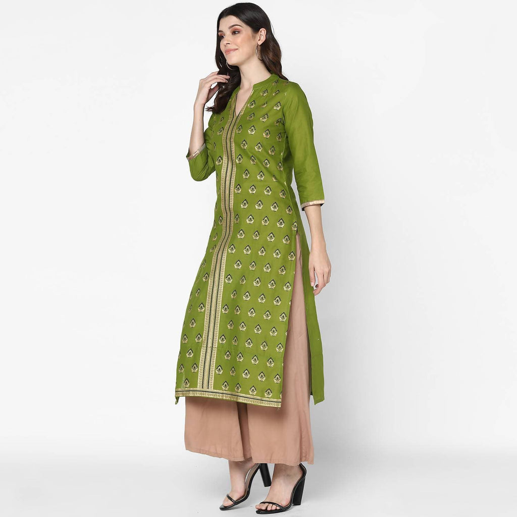 Cheera Hand Block Print Olive Green & Skin Color Straight Kurta With Palazzo (MAAI-070K) | Grocsy