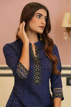 Juniper Indigo Rayon Festive Gold Foil Printed Straight Kurta For Women | Grocsy